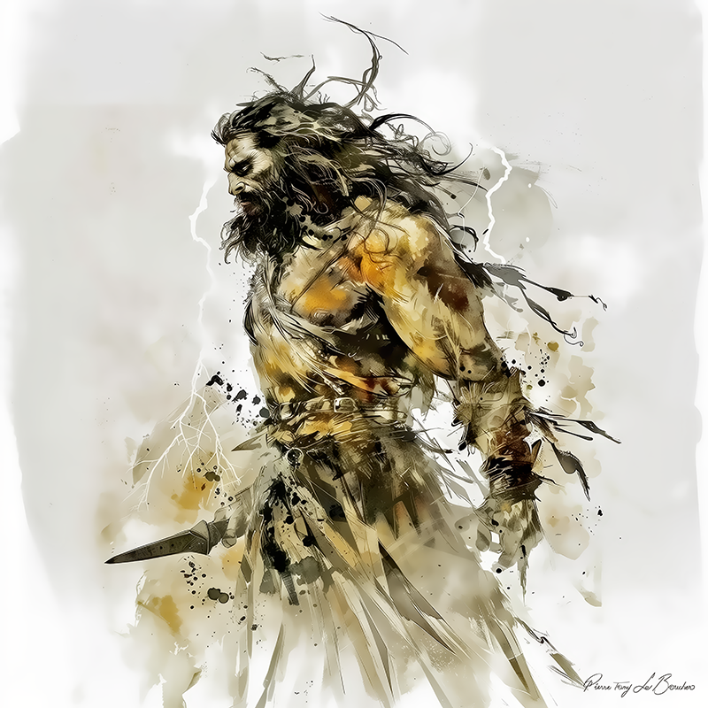 Alcyonée – divinité grecque personnifiée associée aux tempêtes et aux forces marines, figure mythologique masculine puissante entourée d’éclairs et d’énergie, peinture inspirée de la mythologie grecque.