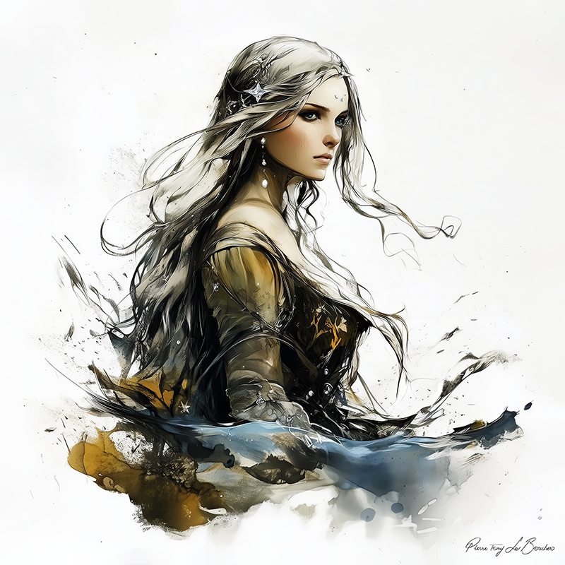 Alcyone – divinité grecque personnifiée liée à la mer calme et aux jours d’Alcyoné, portrait féminin mythologique entouré d’éléments marins, peinture inspirée de la mythologie grecque.
