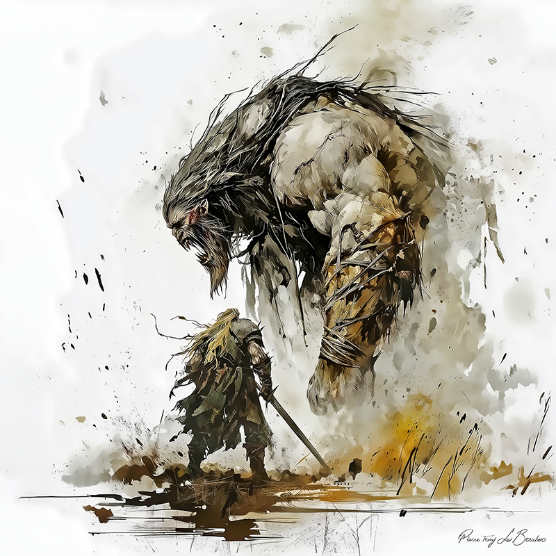 Alpos – divinité grecque personnifiée du géant mythologique affrontant un héros, scène épique de combat dans une peinture inspirée de la mythologie grecque.