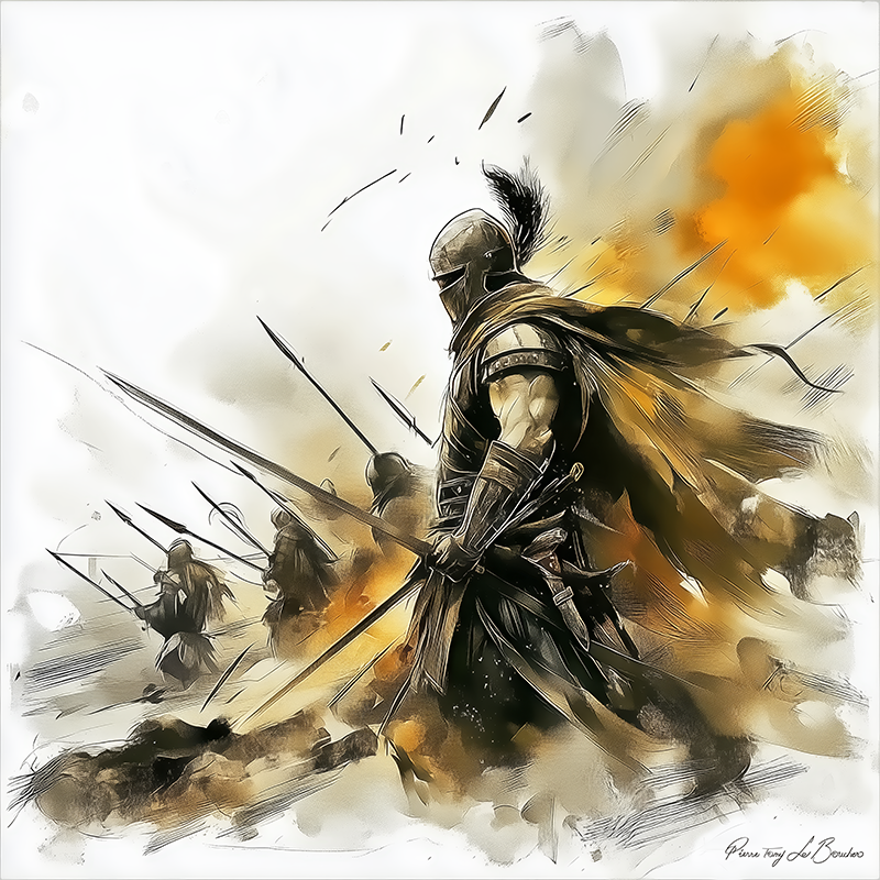 Amphiaraos – divinité grecque personnifiée du héros guerrier et prophète, représenté en armure avec lance au cœur de la bataille mythologique.