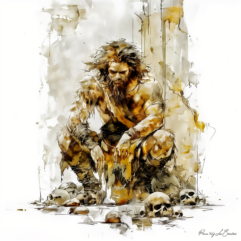 Antée – divinité grecque personnifiée de la force terrestre, géant mythologique assis entouré de crânes, peinture inspirée de la mythologie grecque et du mythe d’Antée.