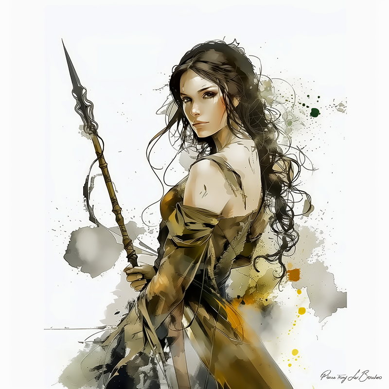 Asia – divinité grecque personnifiée représentant l’Asie, figure mythologique féminine tenant une lance, peinture artistique contemporaine inspirée de la mythologie grecque et de l’iconographie antique.