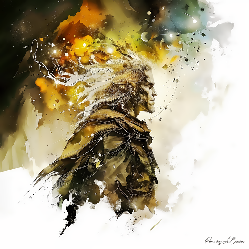 Astréos – divinité grecque personnifiée des étoiles et des vents célestes, portrait mythologique masculin aux cheveux emportés par le souffle cosmique, peinture inspirée de la mythologie grecque.