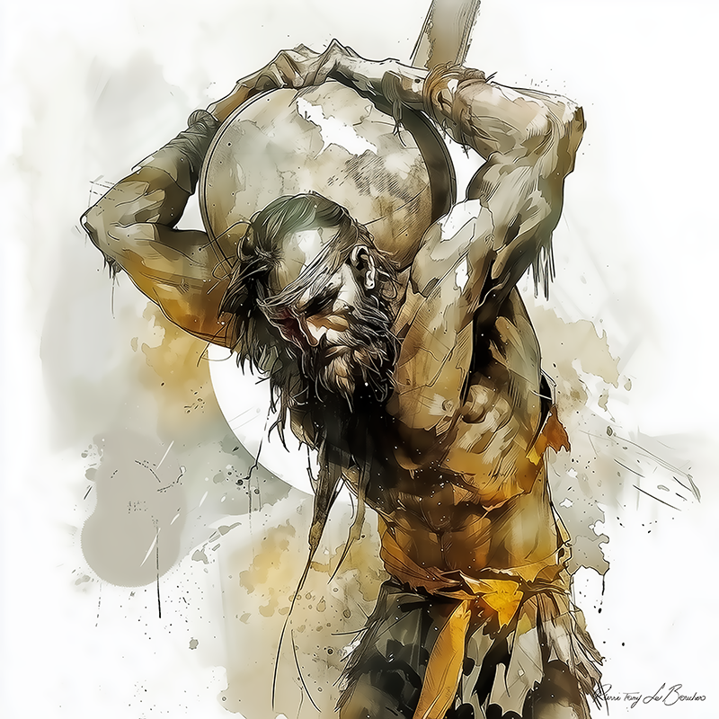 Atlas – divinité grecque personnifiée portant la voûte céleste, figure mythologique masculine soutenant le monde sur ses épaules, peinture inspirée de la mythologie grecque et du Titan Atlas.
