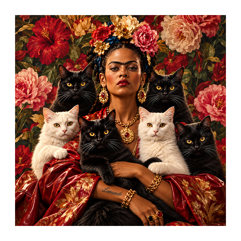 Portrait photographique imaginaire d'une femme au sourcil continu, couronnée de fleurs, entourée de six chats noirs et blancs, vêtue de rouge et parée de bijoux dorés.
