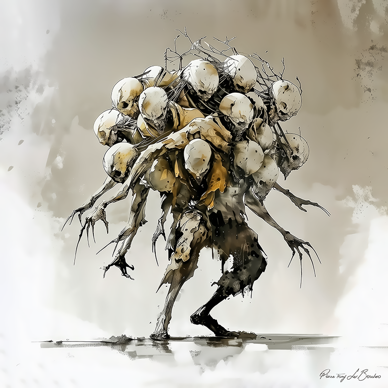 Biarée – divinité grecque personnifiée de l’Hécatonchire aux cent bras, créature mythologique aux multiples têtes et membres dans une peinture sombre inspirée de la mythologie grecque.