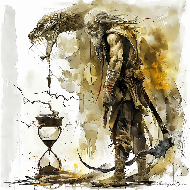 Peinture sur toile représentant une divinité grecque personnifiée du temps, figure masculine vieillissante accompagnée d’un serpent et d’un sablier, interprétation contemporaine de la mythologie grecque.