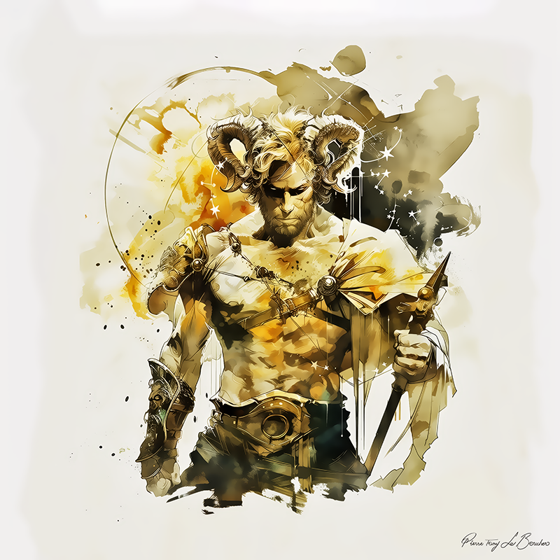 Peinture sur toile représentant Crios, divinité grecque personnifiée du Zodiaque, figure masculine cornue tenant un sceptre dans un style de peinture contemporaine inspirée de la mythologie grecque.