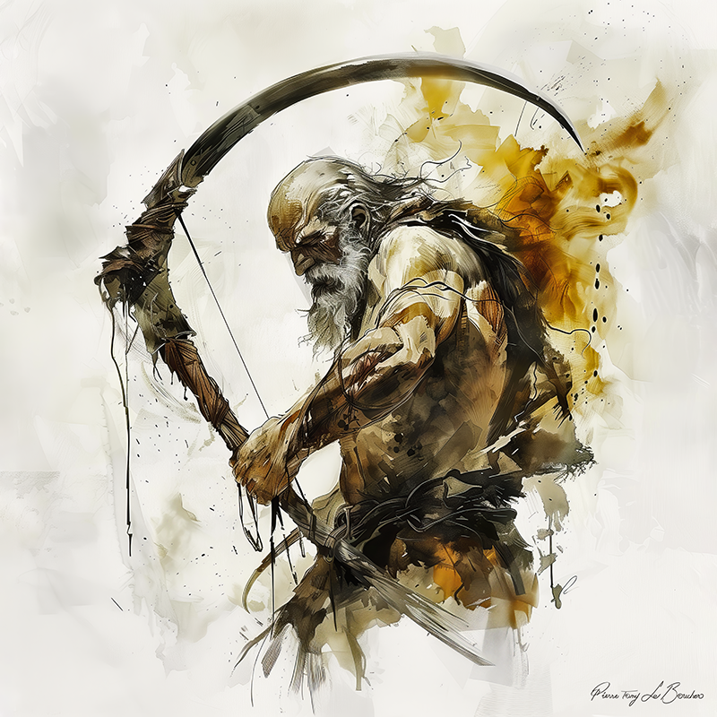 Peinture sur toile représentant Cronos, divinité grecque personnifiée du temps, figure masculine âgée tenant une grande faux dans un style de peinture contemporaine inspirée de la mythologie grecque.