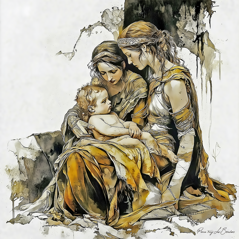 Dioné – divinité grecque personnifiée de la maternité divine, figure féminine mythologique tenant un enfant, peinture inspirée de la mythologie grecque et des représentations du panthéon antique.