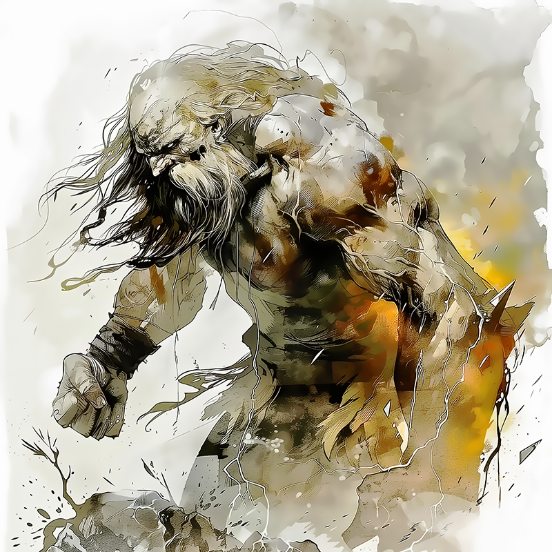 Encelade – divinité grecque personnifiée du géant rebelle et des forces souterraines, figure mythologique masculine puissante entourée d’éclats et de mouvements telluriques, peinture inspirée de la mythologie grecque.