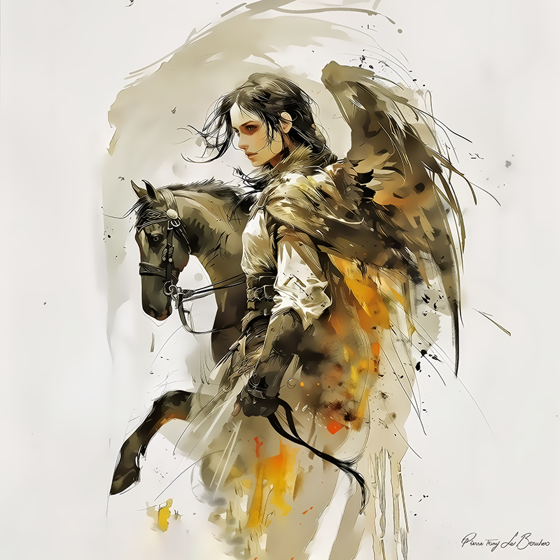 Éos – divinité grecque personnifiée de l’aurore, figure mythologique ailée accompagnée d’un cheval, peinture inspirée de la mythologie grecque et des représentations symboliques du lever du jour.