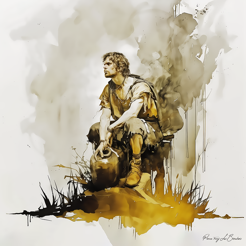 Épiméthée – divinité grecque personnifiée de la réflexion tardive, figure mythologique masculine assise tenant une jarre, peinture inspirée de la mythologie grecque et des récits du mythe de Pandore.