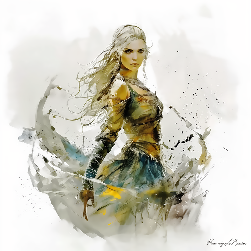 Eurybie – divinité grecque personnifiée de la puissance de la mer, figure féminine mythologique aux mouvements fluides évoquant les vagues, peinture inspirée de la mythologie grecque.