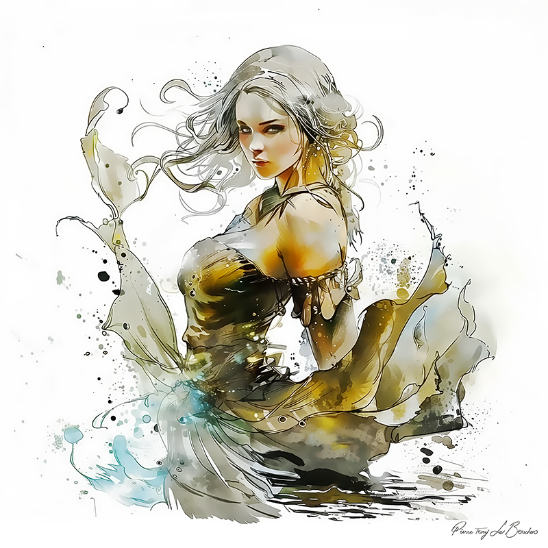 Eurynomé – divinité grecque personnifiée des eaux primordiales, figure féminine mythologique entourée de mouvements fluides évoquant la mer, peinture inspirée de la mythologie grecque.