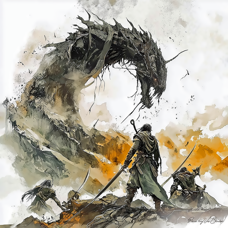 Gêgènes – divinité grecque personnifiée des géants nés de la Terre, créature serpentine gigantesque affrontant des guerriers, peinture inspirée de la mythologie grecque.