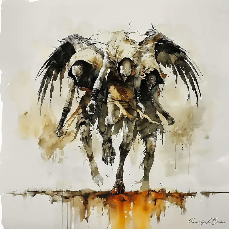 Géryon – divinité grecque personnifiée du géant à trois corps, figure mythologique ailée triple avançant dans une atmosphère dramatique, peinture inspirée de la mythologie grecque.