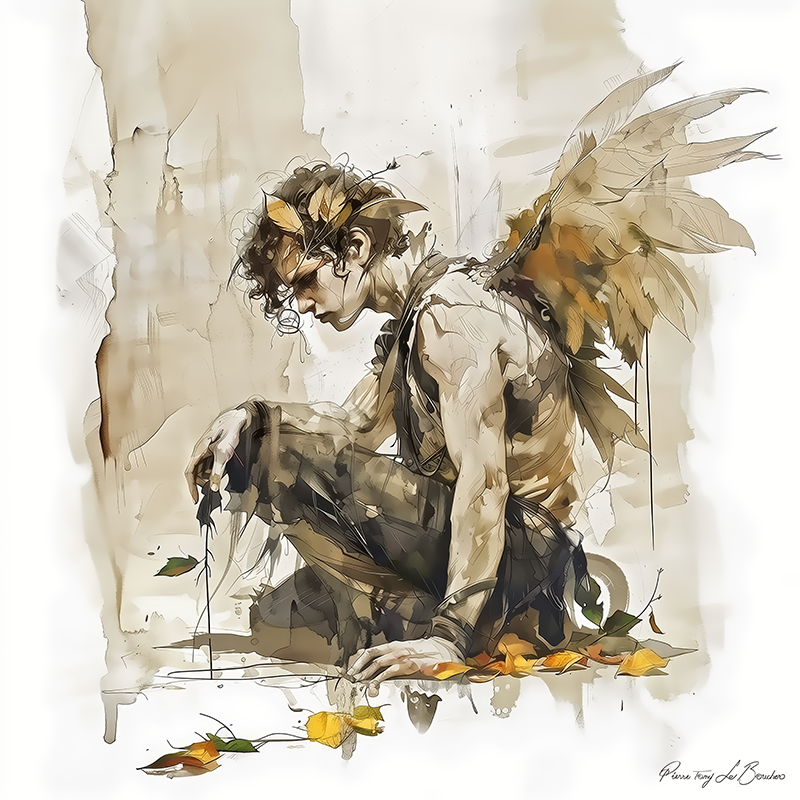 Peinture sur toile représentant Hypnos, divinité grecque personnifiée du sommeil, jeune homme ailé en posture méditative entouré de feuilles dorées, dans un style de peinture contemporaine inspirée de la mythologie grecque.