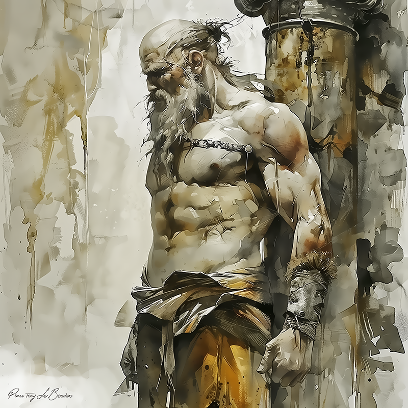 Peinture sur toile représentant Japet, divinité grecque personnifiée de la vigueur et de l’effort, figure masculine musclée appuyée contre une colonne dans un style de peinture contemporaine inspirée de la mythologie grecque.