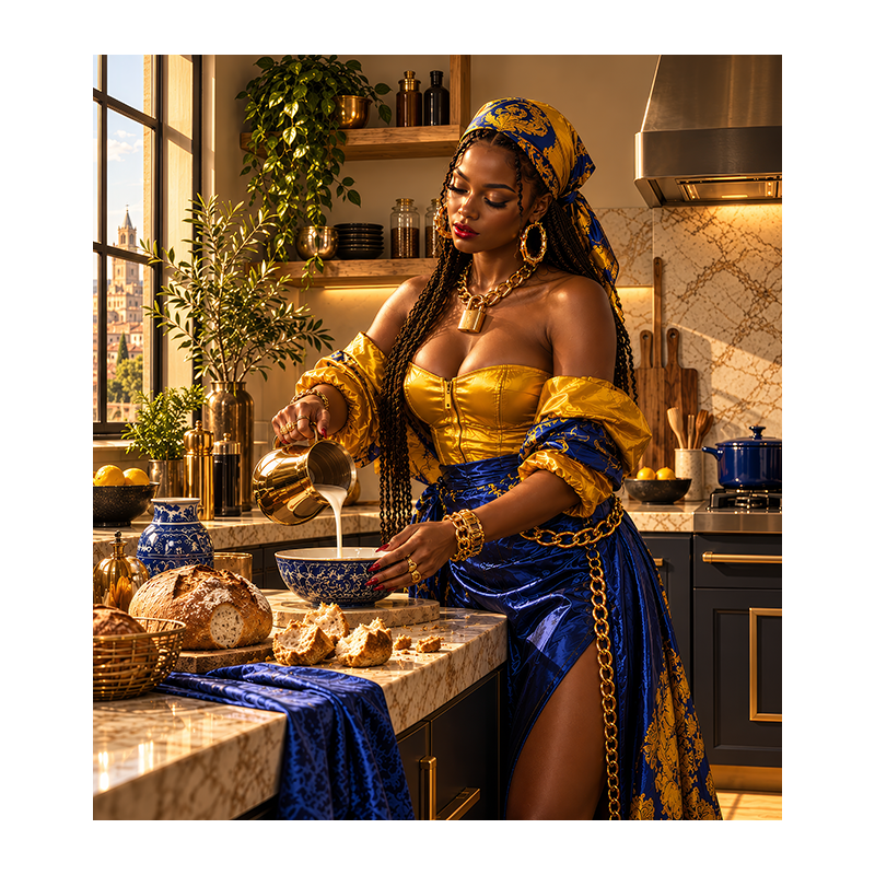 Réinterprétation de La Laitière de Vermeer : jeune femme vêtue de bleu et jaune, dans une cuisine contemporaine, versant du lait dans un bol près de pains, entourée de bijoux et d’accessoires dorés.