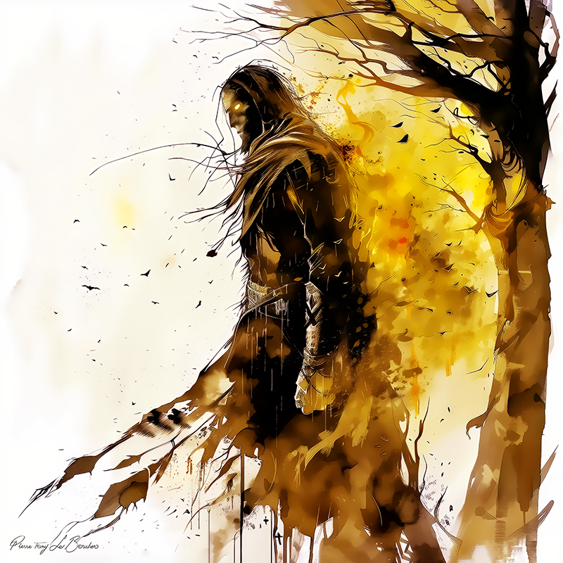 Lélantos – divinité grecque personnifiée de l’air invisible et du mouvement furtif, figure mythologique masculine sombre entourée de vent et d’ombres, peinture inspirée de la mythologie grecque.