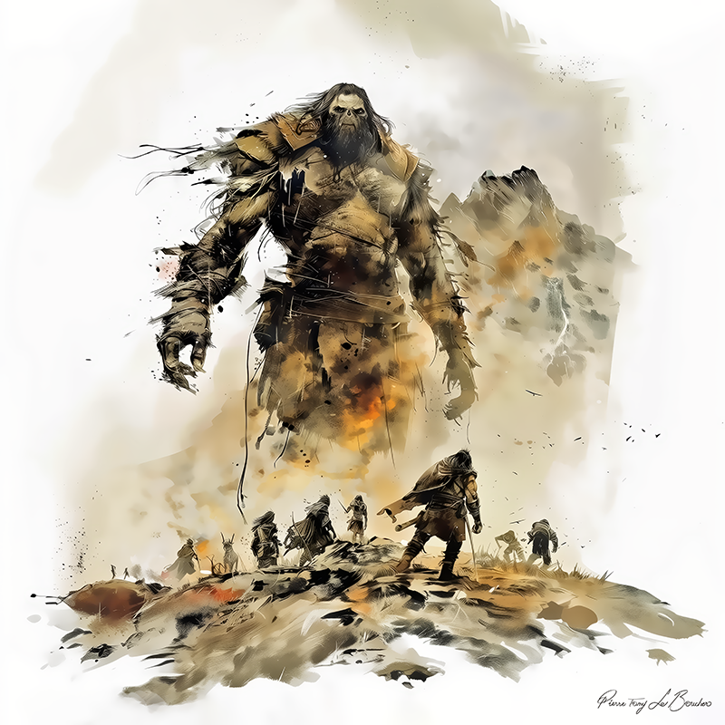 Lestrygon – divinité grecque personnifiée d’un géant cannibale de la mythologie grecque, figure monumentale affrontant des voyageurs dans une scène épique inspirée de l’Odyssée.