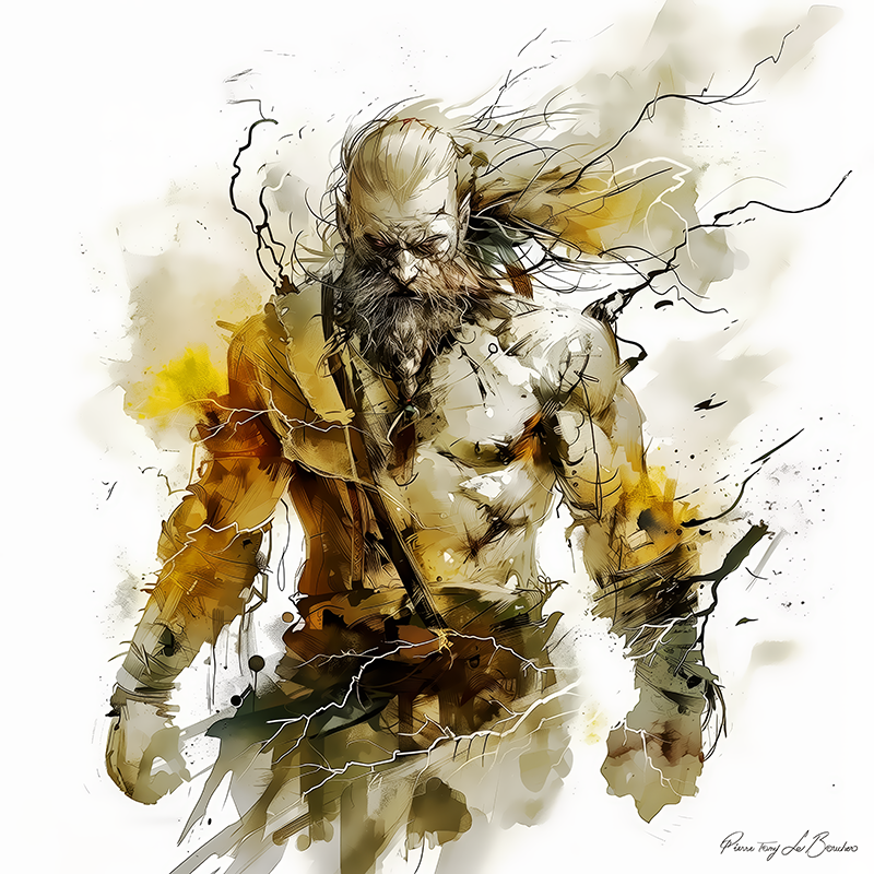 Ménétios – divinité grecque personnifiée de la colère et de la violence titanique, figure mythologique masculine entourée d’éclairs et d’énergie, peinture inspirée de la mythologie grecque.