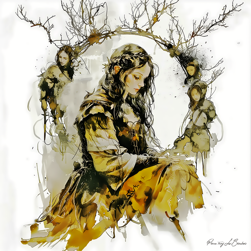 Peinture sur toile représentant Mnémosyne, divinité grecque personnifiée de la mémoire, figure féminine méditative entourée de silhouettes dans un style de peinture contemporaine inspirée de la mythologie grecque.