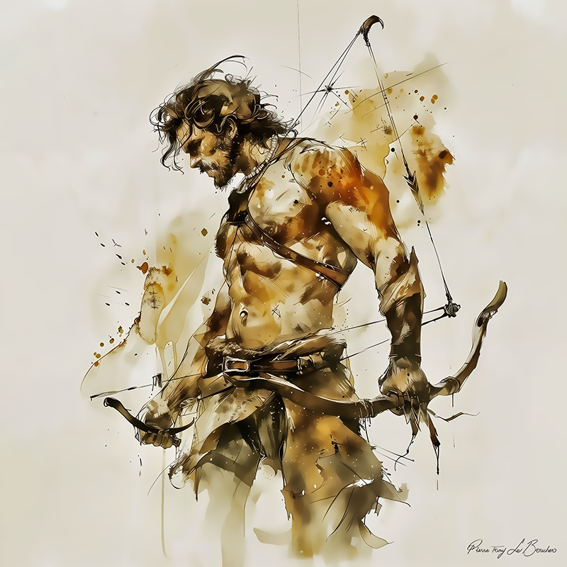 Orion – divinité grecque personnifiée du chasseur géant de la mythologie grecque, représenté avec arc et flèches dans une peinture mythologique expressive.