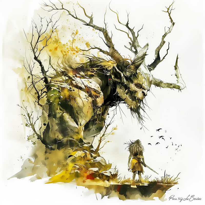 Peinture sur toile représentant Ouréa, divinité grecque personnifiée des montagnes, figure géante minérale faisant face à un personnage humain dans un style de peinture contemporaine inspirée de la mythologie grecque.