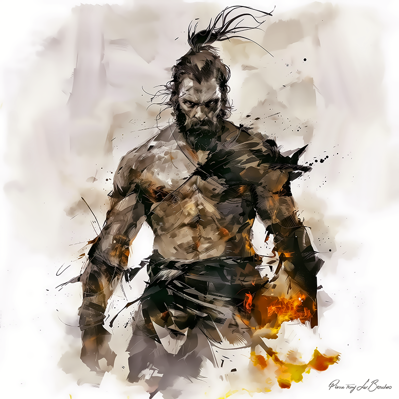 Persès – divinité grecque personnifiée de la puissance destructrice, figure mythologique masculine au regard intense tenant une flamme, peinture inspirée de la mythologie grecque et de l’iconographie titanique.