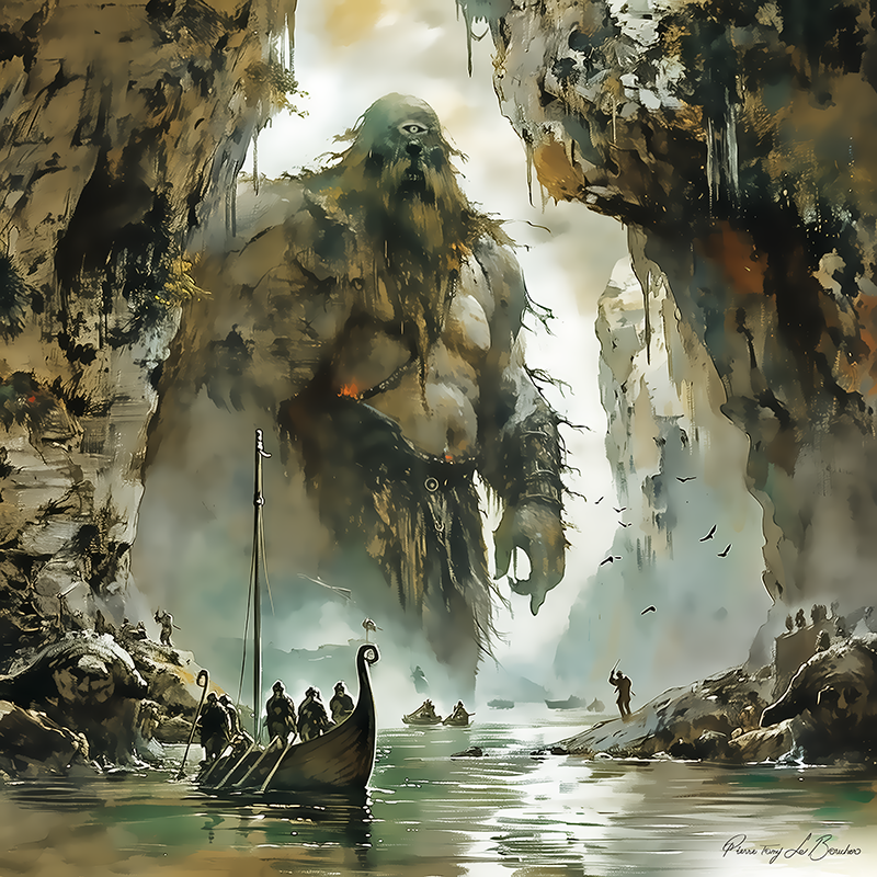 Polyphème – divinité grecque personnifiée du Cyclope de l’Odyssée, géant à l’œil unique dominant un paysage maritime avec navires dans une peinture mythologique.