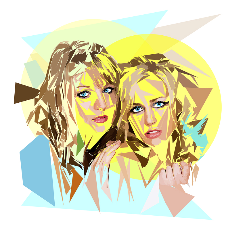 Deux femmes blondes aux yeux bleus, les têtes rapprochées et les mains près des épaules, devant deux disques jaunes, dans une composition anguleuse turquoise, beige et brune sur fond blanc.