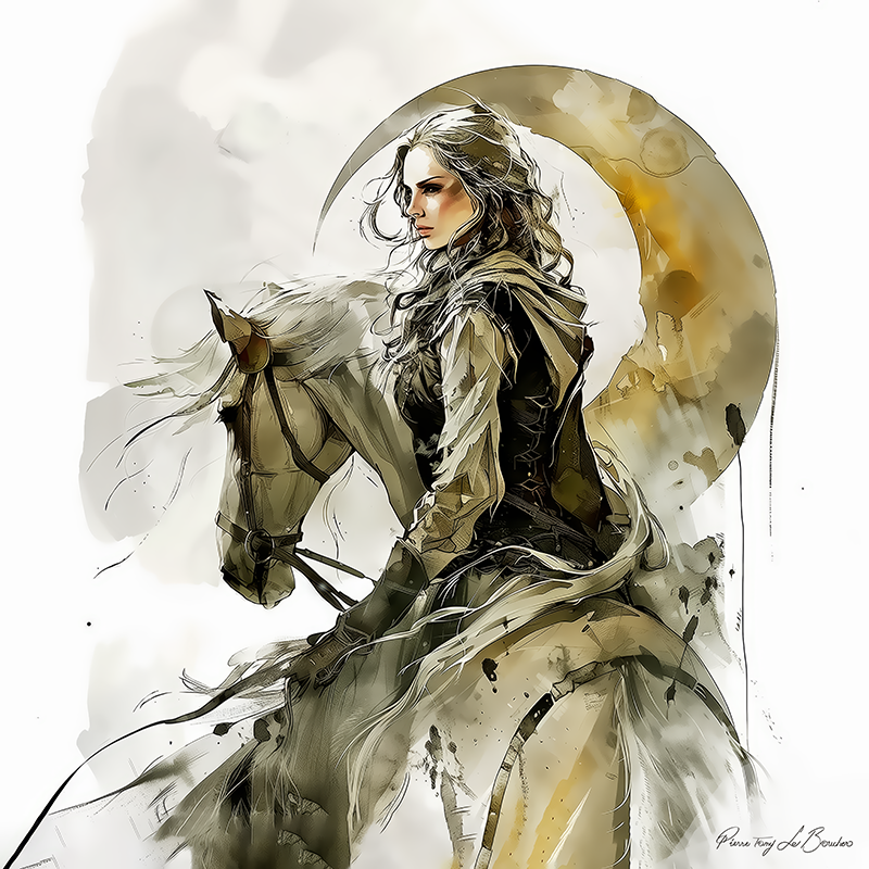 Séléné – divinité grecque personnifiée de la Lune, figure mythologique féminine à cheval sous un croissant lunaire, peinture inspirée de la mythologie grecque et de l’iconographie céleste.