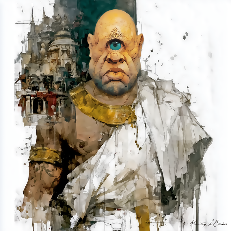Stéropès – divinité grecque personnifiée du Cyclope forgeron de la mythologie grecque, figure à l’œil unique devant une architecture antique dans une peinture mythologique expressive.