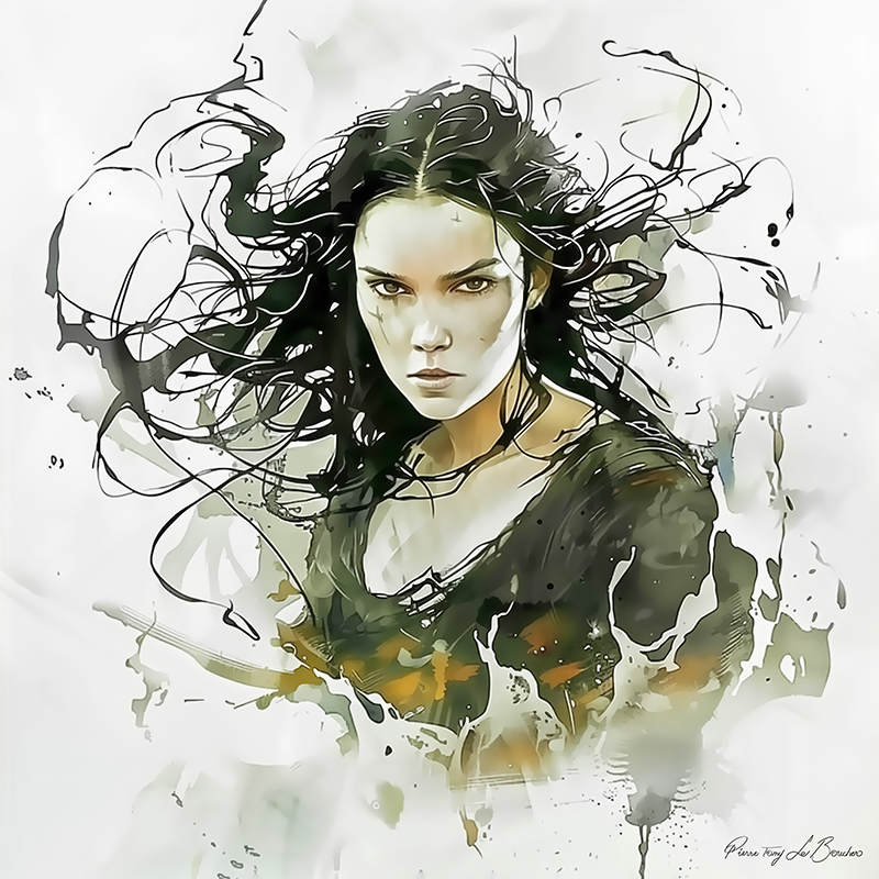 Styx – divinité grecque personnifiée du fleuve des Enfers, portrait féminin mythologique sombre aux cheveux agités évoquant les eaux profondes, peinture inspirée de la mythologie grecque.