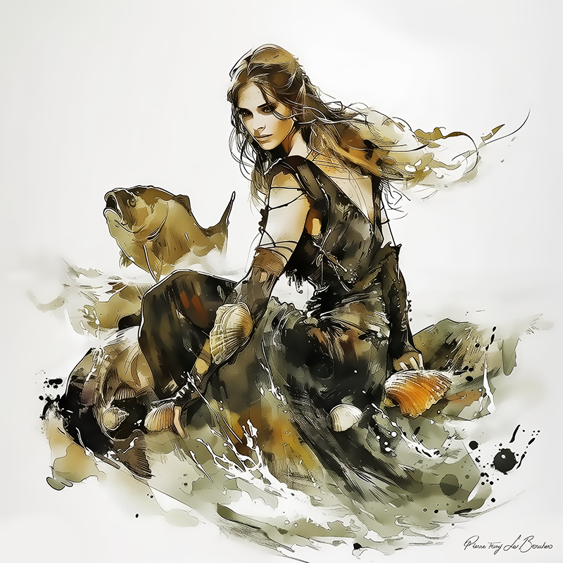 Peinture sur toile représentant Thalassa, divinité grecque personnifiée de la mer, figure féminine entourée de coquillages, poissons et éclaboussures aquatiques dans un style de peinture contemporaine inspirée de la mythologie grecque.