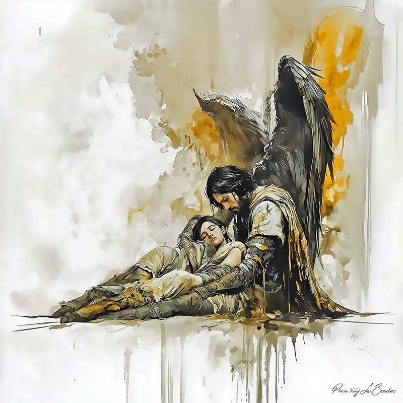 Peinture sur toile représentant Thanatos, divinité grecque personnifiée de la mort, figure masculine ailée tenant une femme endormie dans un style de peinture contemporaine inspirée de la mythologie grecque.