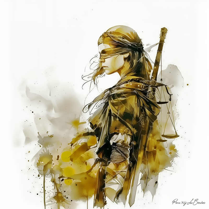 Thémis, divinité grecque personnifiée de la justice et de l’ordre divin, représentée en peinture contemporaine sur toile, les yeux bandés et tenant la balance, symbole d’équité et de loi.