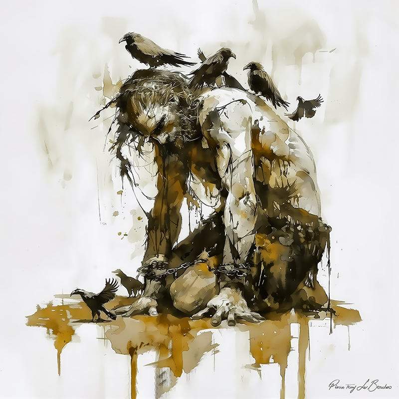 Tityos – divinité grecque personnifiée du géant puni aux Enfers, enchaîné et tourmenté par des oiseaux dans une scène mythologique sombre et expressive.