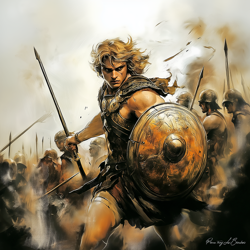 Achille – divinité grecque personnifiée du héros guerrier, représenté en armure avec lance et bouclier, symbole de bravoure et de mythologie grecque.