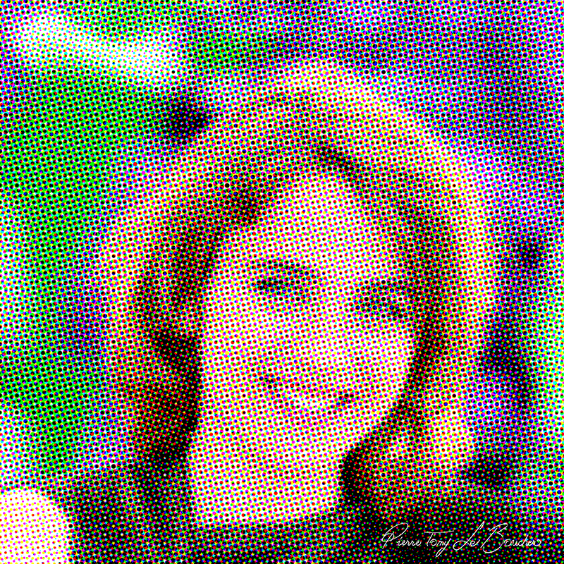 Portrait d’Adèle Haenel traité par dilution optique, composé d’une trame très visible de points cyan, magenta, jaunes et noirs.