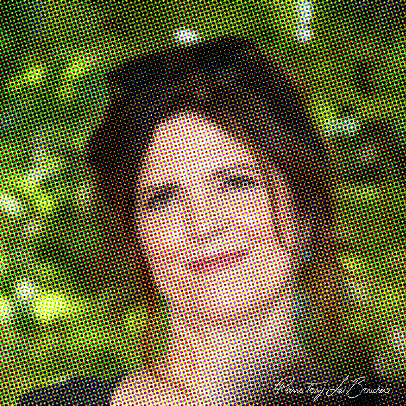 Portrait d’Agnès Jaoui traité par dilution optique, composé d’une trame très visible de points cyan, magenta, jaunes et noirs.