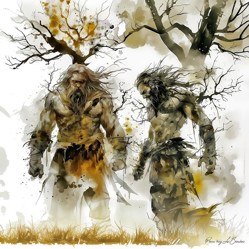 Agrios et Orios – divinités grecques personnifiées de la nature sauvage et des montagnes, figures mythologiques masculines puissantes dans un paysage forestier, peinture inspirée de la mythologie grecque.