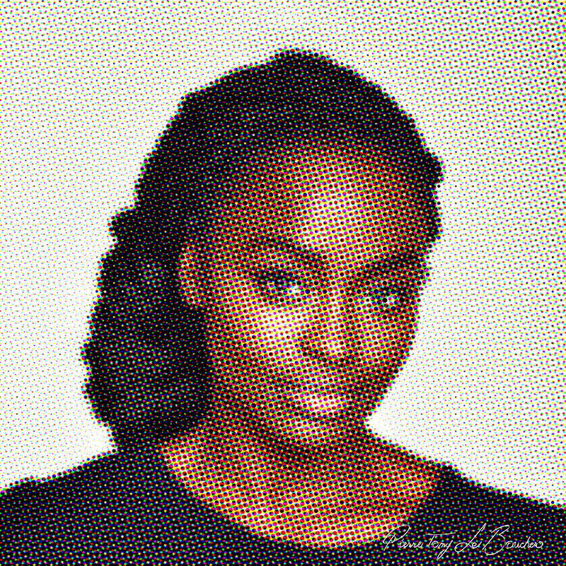 Portrait d’Aïssa Maïga traité par dilution optique, composé d’une trame très visible de points cyan, magenta, jaunes et noirs.