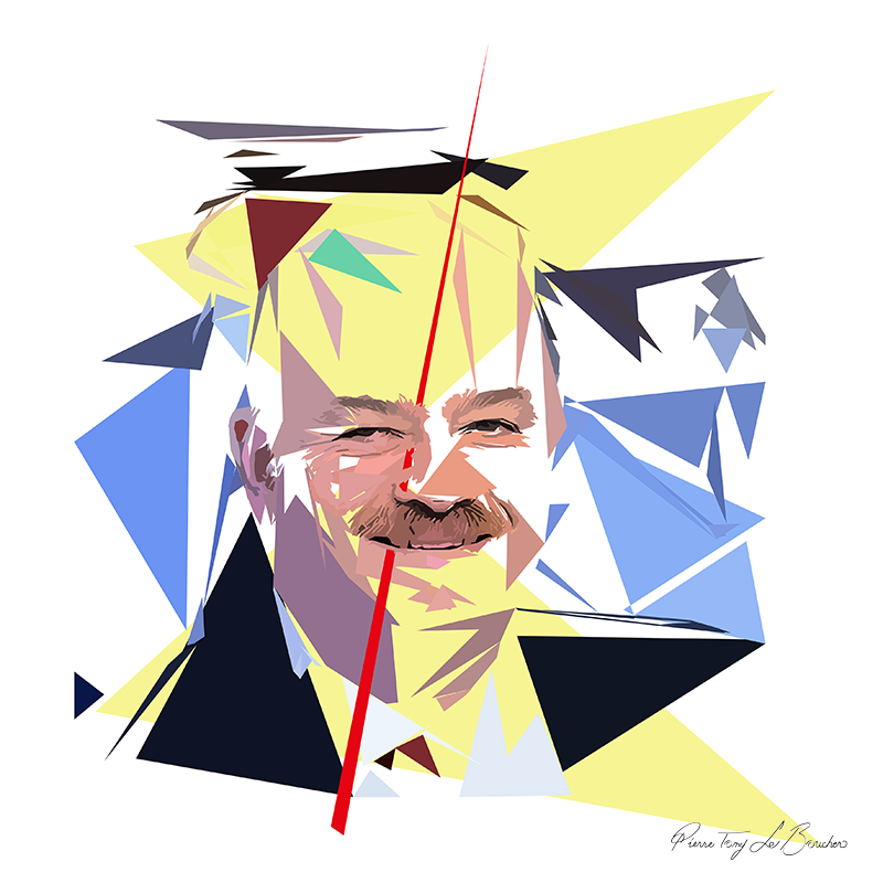Portrait d’Alain Bauer sur fond blanc, composé de facettes roses, brunes et mauves, entouré de triangles jaunes, bleus et noirs, avec deux longues pointes rouges traversant la composition.