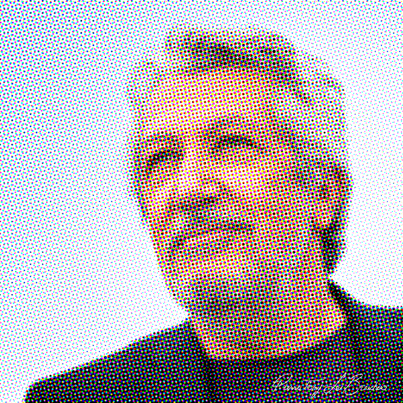 Portrait d’Alain Chabat traité par dilution optique, composé d’une trame très visible de points cyan, magenta, jaunes et noirs.