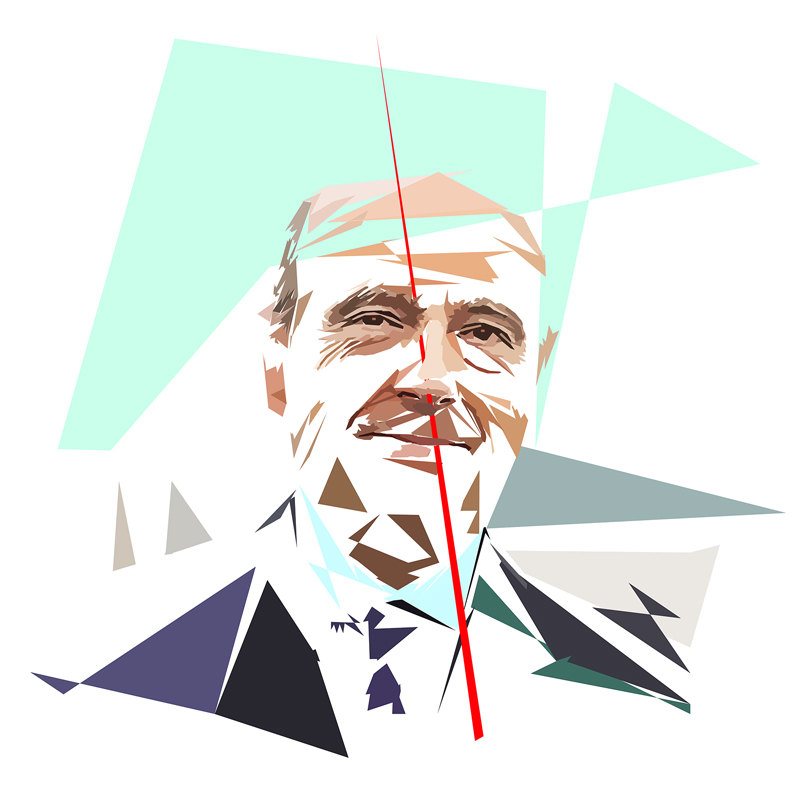 Portrait numérique d’Alain Juppé composé de formes polygonales, d’aplats colorés et de larges zones blanches, traversé par une longue forme rouge.