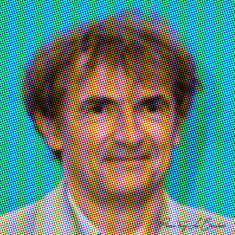 Portrait d’Albert Dupontel traité par dilution optique, composé d’une trame très visible de points cyan, magenta, jaunes et noirs.