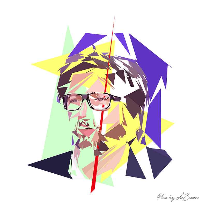 Portrait d’Alexandre Jaffray portant des lunettes, construit en facettes colorées et entouré de grands triangles jaunes, verts, violets et bleu nuit sur fond blanc.